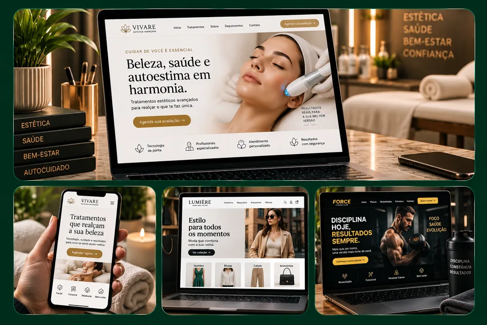 Exemplos de sites profissionais responsivos para estética, moda e academia