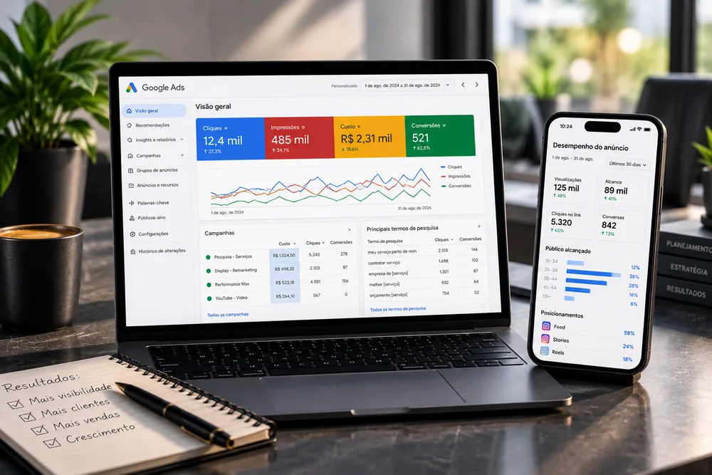 Painéis de desempenho do Google Ads exibidos em notebook e celular